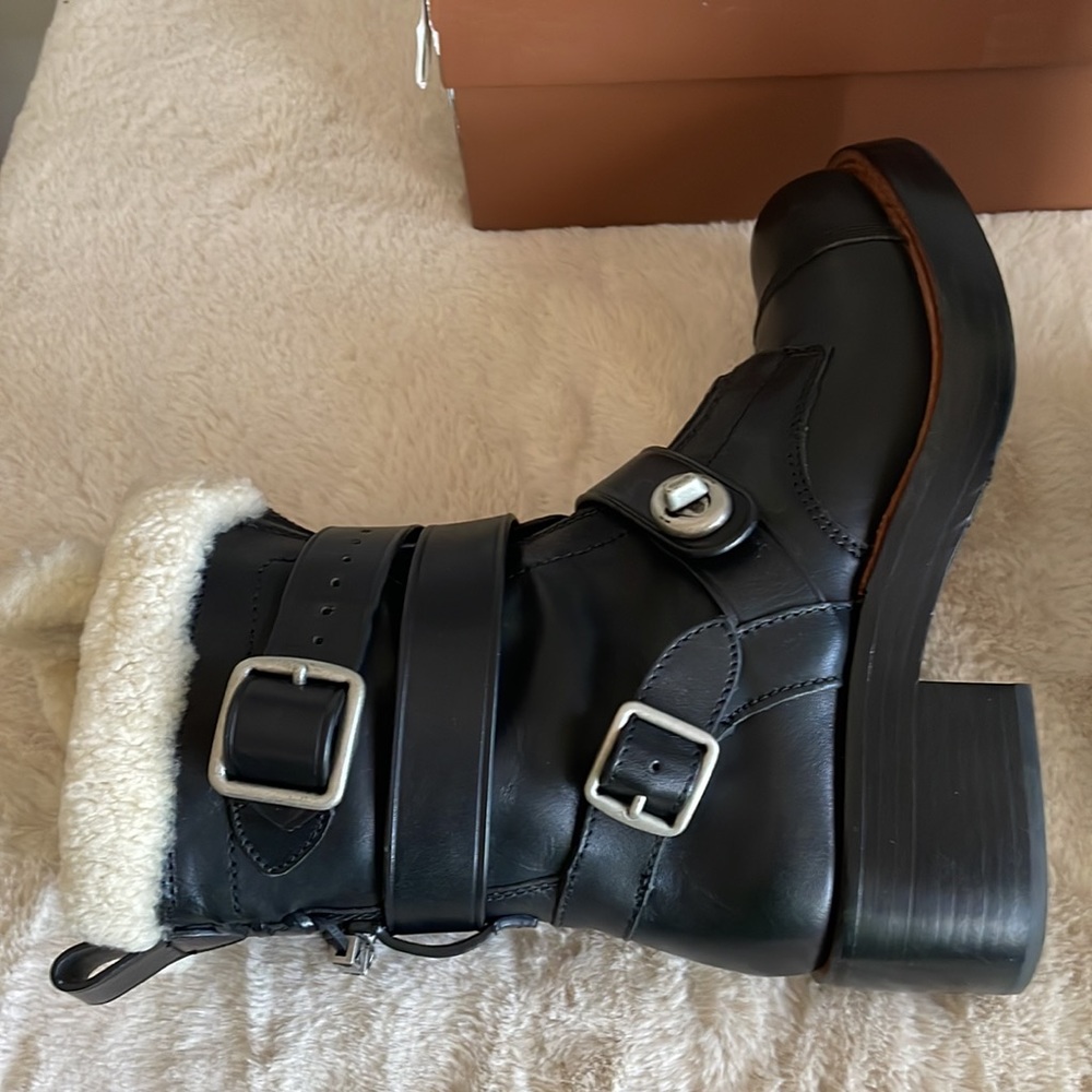 Coach 1941 Black Leather Womens Moto Boot with Shearling 2 inch heel size 8 M. - Picture 9 of 16